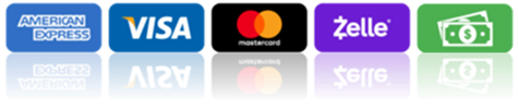 Accepted payment methods including American Express, Visa, Mastercard, Zelle, and cash