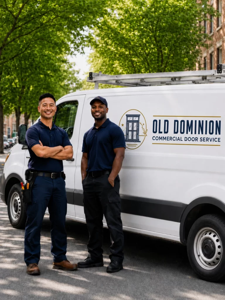Two smiling commercial door technicians in navy uniforms stand beside a white Old Dominion Commercial Door Service van with a ladder rack on a tree-lined street.