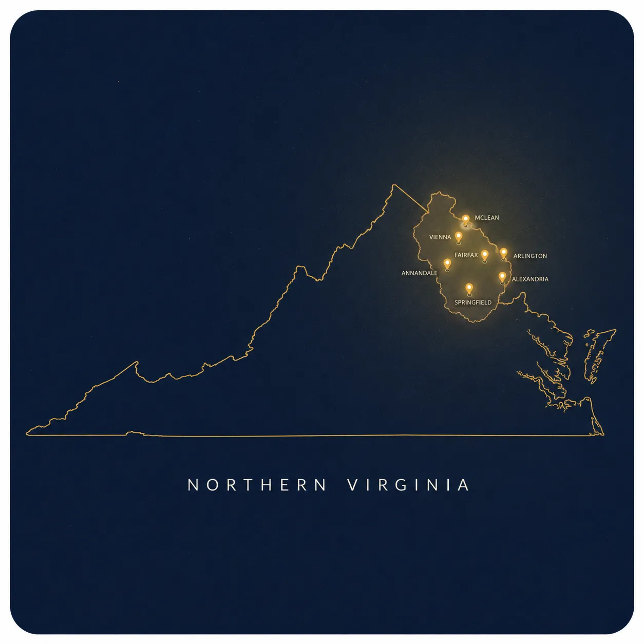 Map of Northern Virginia commercial door service areas including Arlington, Alexandria, McLean, Annandale, Fairfax, Vienna, and Springfield